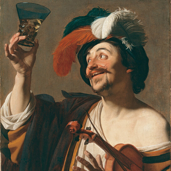 Gerrit van Honthorst, Allegro violinista con bicchiere di vino, dettaglio, 1623-1624, Olio su tela, Madrid, Museo Thyssen-Bornemisza