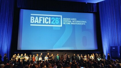 The team from the film La Virgen de la Tosquera in the main hall of the Gaumont cinema, before its premiere at the BAFICI festival, 26th edition
