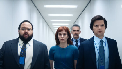 From left to right: Zach Chery as Dylan G., Britt Lower as Helly R., John Turturro as Irving B, and Adam Scott as Mark S.