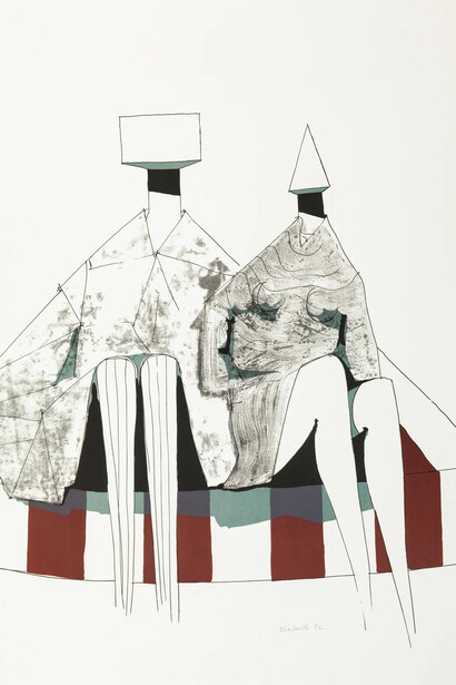 Lynn Chadwick, Sitting figures on stripes (detail), 1972. Courtesy of Pangolin London