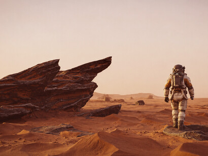 An astronaut exploring the rocky landscape of the Red Planet, Mars