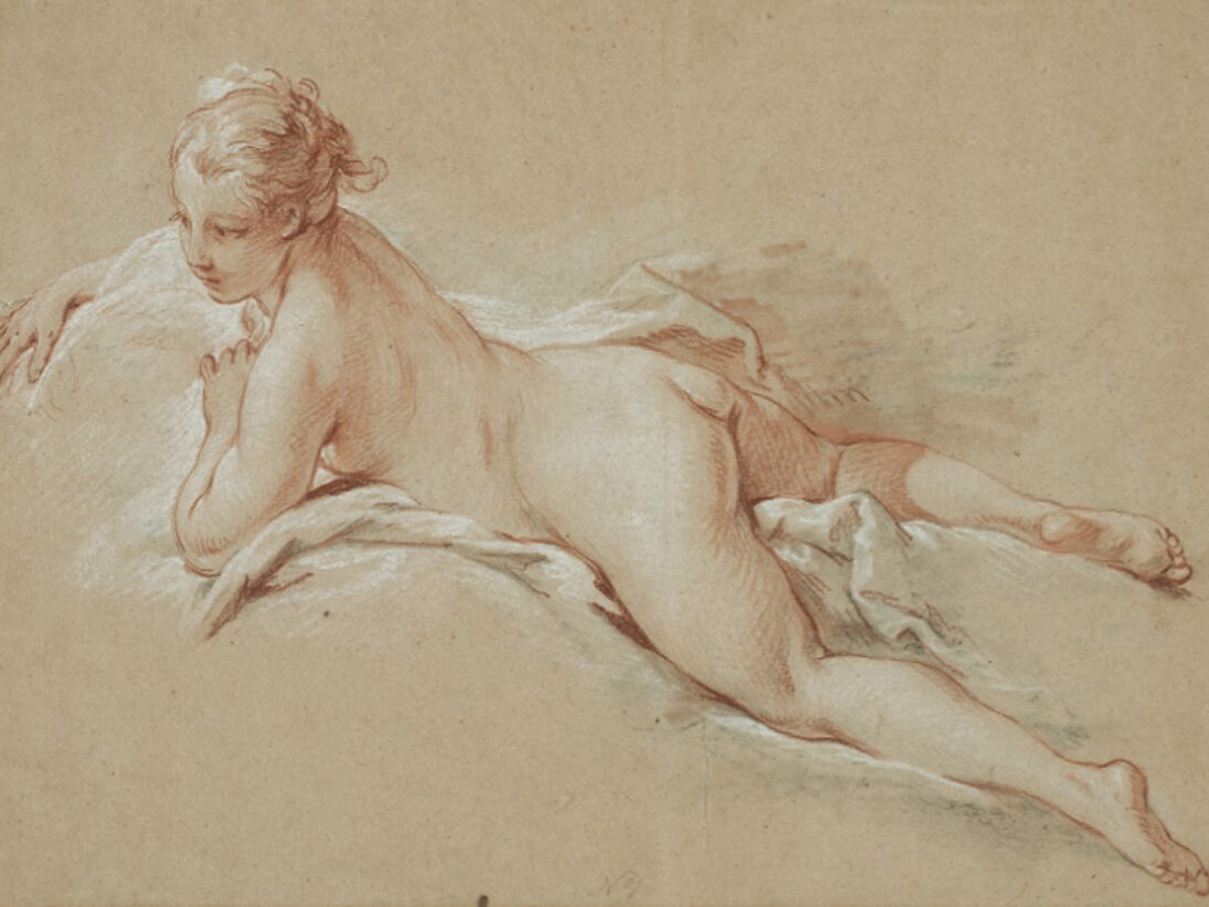 François Boucher, Femme nue allongée, vers 1740. Sanguine, pierre noire et craie blanche sur papier crème.
© The Horvitz Collection – Photo : M.Gould