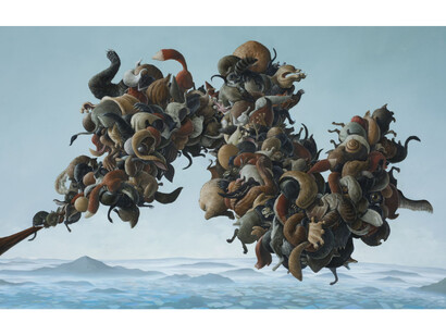 Erik Thor Sandberg, Toehold (detail), 2015, oil on curved panel, 36.25 x 71.25 inches.