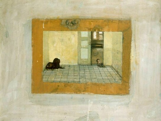 Gregory Gillespie, Dog and Doll in Room, 1981, mixed media, 25 x 31 inches
