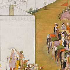 "Rama and Lakshmana Enter the City of Mithila to Perform in an Archery Contest," Illustrated folio from the “Bharany" Ramayana (The Adventures of Rama)
ca. 1780
Here, the crowned sage
