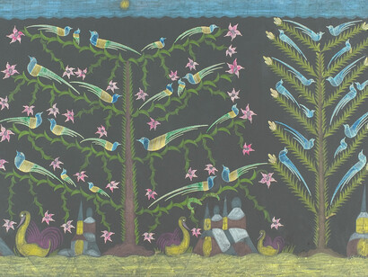 Bird Trees & Swans, coloured inks on board, 24x42 in 61x106.5cm. (Detail)