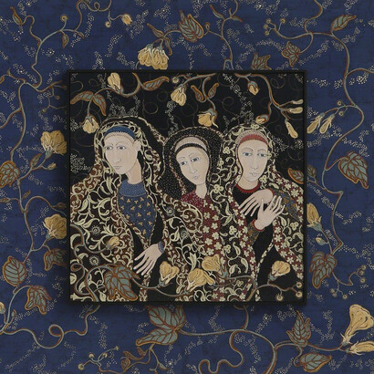 Finding the Graces, 2018, ink, acrylic and gold leaf on museum board, 20 x 20 inches