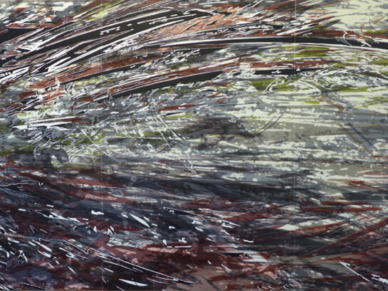 Yoon Lee, "Retribution (Bud)," 2014, Acrylic on PVC panels, 72 x 144 inches. Courtesy the artist and Pierogi Gallery