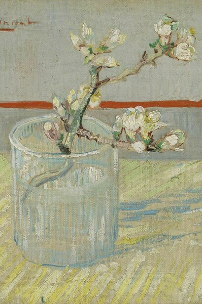 Ramo di mandorlo in fiore in un bicchiere, Vincent Van Gogh, dipinto a olio su tela, 1888