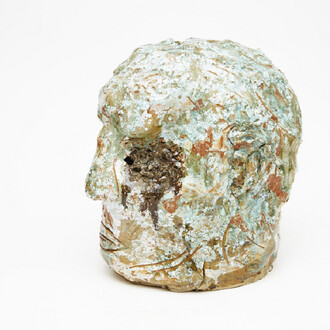Jesse Wine, Chester man VI, 2014, glazed ceramic, 22 x 21 x 3 in (55 x 53 x 7 cm)