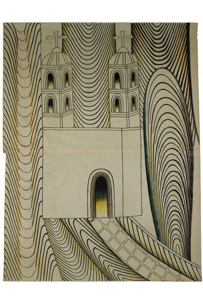 Martin Ramirez, Untitled (Church with Arches and Tunnels), c. 1950-55, Graphite, tempera, and crayon on paper, 48 x 36 1/2 in; 121.9 x 92.7 cm