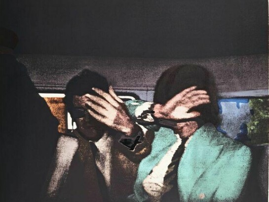 Richard Hamilton, Release, 1972, Screenprint from one photographic and 17 hand-cut  
 stencils on Hodgkinson mould-made paper, with collage, © The Estate of Richard Hamilton, Courtesy Alan Cristea Gallery