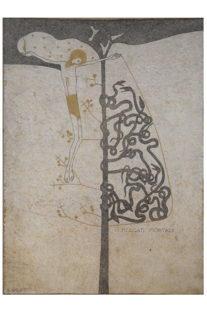 Les péchés mortels (I Peccati mortali), 1913, Encre et or sur parchemin, 26,6 x 19,3 cm, avec cadre : 43 x 35 cm, Padoue, coll. part., Courtesy Galleria Gomiero Padova-Milano © Photo : Marzio De Santis