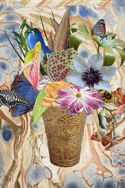 Jane Hammond, Chimu gold cup with monarch Chrysalis, Chrysanthemum and Anna’s eighty-eight (detail), 2026. Courtesy of Berggruen Gallery