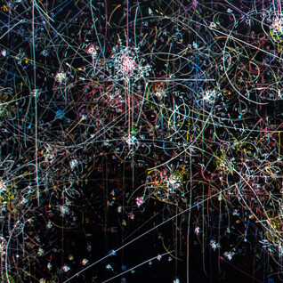 Kysa Johnson, blow up 258 - The long goodbye - subatomic decay patterns with star remnants and dying stars in the milky way. Panel 1 of 3, 2015, High Gloss Paint and Ink on Board, 60 x 144 in.