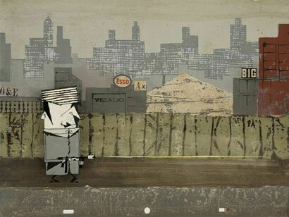 Pino Pascali - Killer con scenografia, 1967 - tecnica mista su cartoncino e acetato, 25 x 35 cm - Collezione privata - Courtesy Archivio dell'opera grafica di Pino Pascali, Firenze