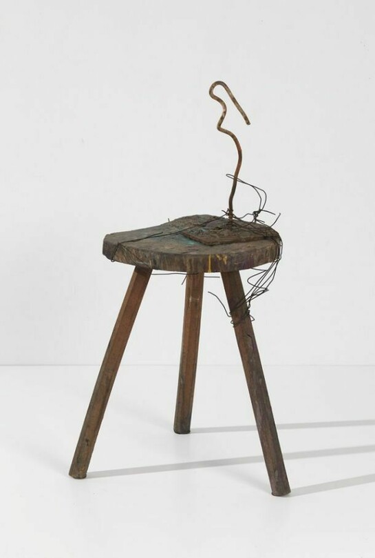 Jean Tinguely, Saint Phalle, 1961, wood stool, metal and pigments, 28 ½ x 14 x 16 ½ inches (26 x 36 x 42 cm). Jean Tinguely © 2013 Artist Rights Society (ARS), New York/ ADAGP, Paris