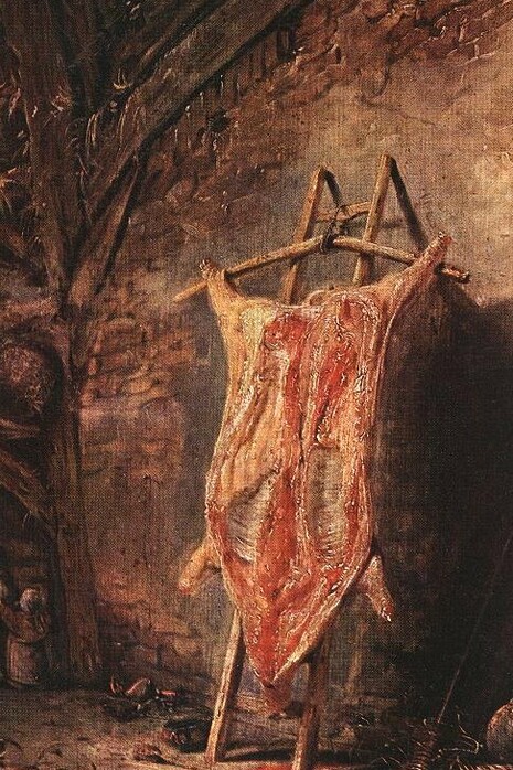 "El cerdo cortado", óleo sobre madera, siglo XVII, Isaac van Ostade 