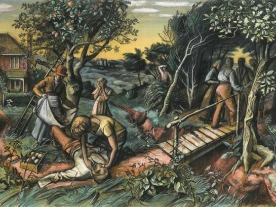 Alan Sorrell, The Long Journey, 1936, signed and dated, pencil, ink and gouache on paper, 37 x 52.3 cm (14 ½ x 20 ½ in.), Courtesy of the Trustees of Sir John Soane's Museum