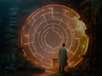 Capturing the essence of Synchronicity, witness a person standing before a monumental watch, symbolizing the interconnected rhythms of the universe and human existence