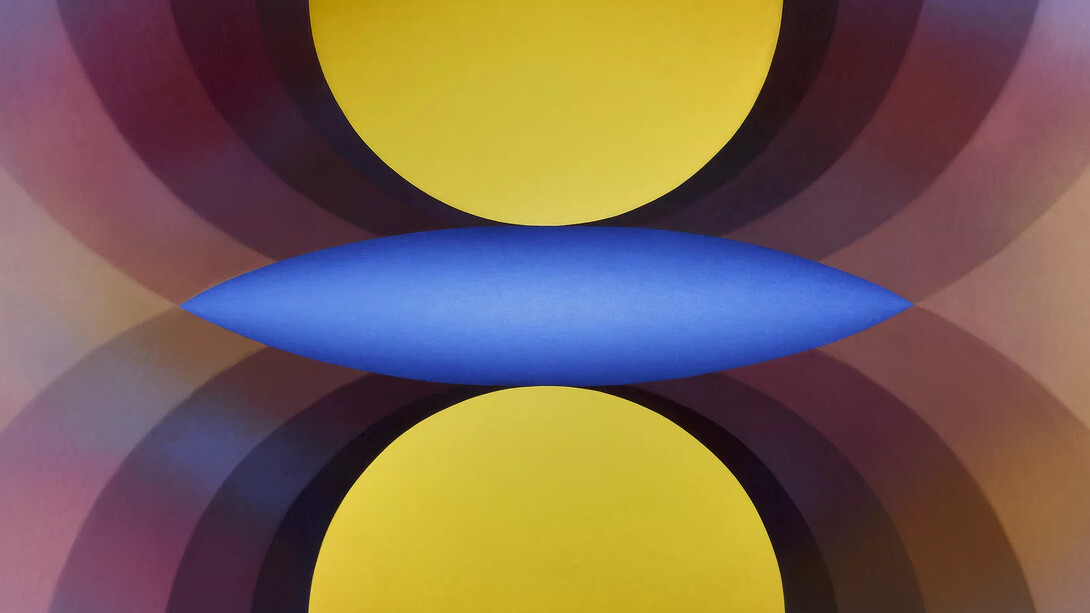 Loie Hollowell, Overview effect in yellow and blue with large mandorla, 2024. Courtesy of Pace Gallery