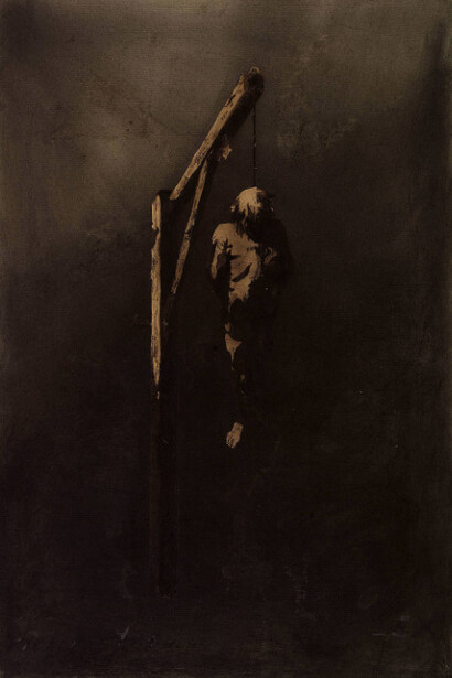 Victor Hugo, Ecce Lex (Le pendu) (Ecce Lex [hanged man]), 1854. Brown ink, brown and black wash, graphite, charcoal, and white gouache on paper. 20 × 13 3/4 in. (50.8 × 34.9 cm). Maisons de Victor Hugo, Paris / Guernesey. MVHP.D.967 © Maisons de Victor Hugo, Paris / Guernesey / Roger-Viollet.
 
