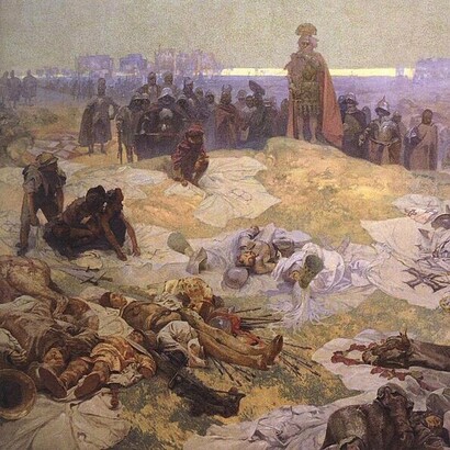 Alphonse Mucha, "Tras la batalla de Grunwald", de la serie "La épica eslava", óleo sobre lienzo, 1924