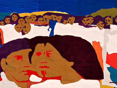 Gracia Barrios (Chile), "Multitud III", 1972, Patchwork. Tapiz perteneciente a la Colección del Museo de la Solidaridad, en exposición en el Centro Cultural Palacio de La Moneda, en el Centenario de Salvador Allende, Santiago, Chile 