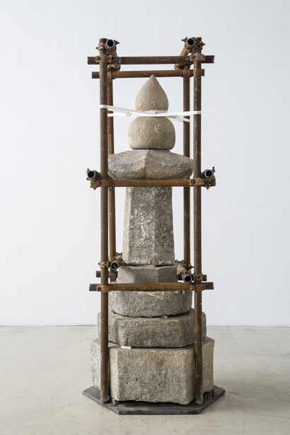 Zhao Zhao, Stupa 7 (Qing Dynasty), 2014, Stone, Steel, Steel scaffold, Plastic-band, 92 x 33 1/2 x 33 1/2 in(234 x 85 x 85cm). Courtesy of the artist and Chambers Fine Art