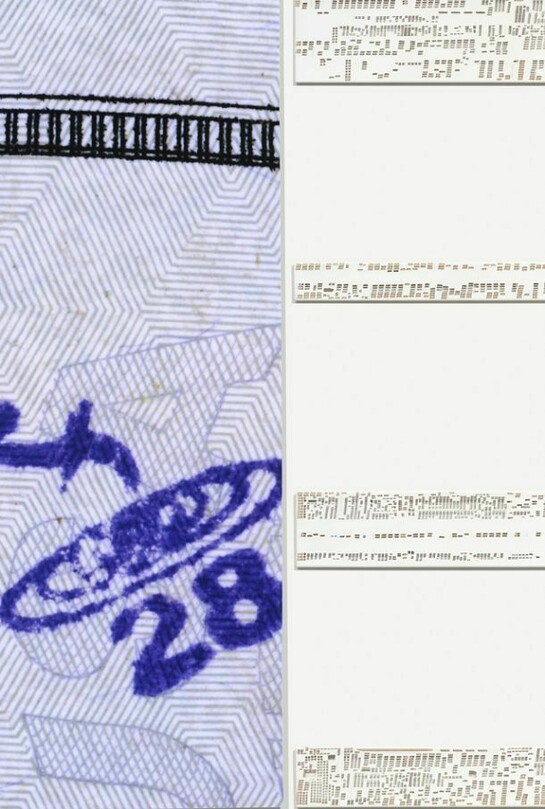 Hugh Scott-Douglas, Torn Cheques, Chopped Bill, 2013, laser cuts on gessoed linen, dye sublimation on linen, 5 panels: 108 x 40 in. (274.3 x 101.6 cm), 12 x 60 in. (30.5 x 152.4 cm), 5 x 60 in. (12.7 x 152.4 cm), 10 x 60 in. (25.4 x 152.4 cm), 8 x 60 in. (20.3 x 152.4 cm)