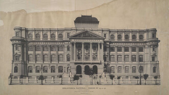 Fachada principal do edifício. Na obra "Avenida Central, 8 de março de 1903-15 de novembre de 1906" de Marc Ferrez, consta o projeto deste edifício, 1910