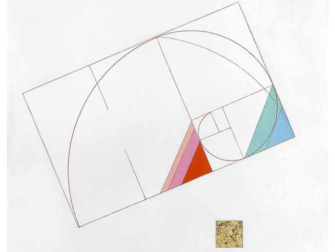 Eugenio Carmi, La bella spirale della Sezione Aurea, 2011, 100 x 100 cm, acrilici e collage su juta