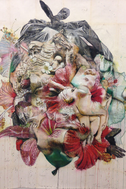 Thomas Lerooy, I send my bad ideas to heaven, 2015, Pages de livres anciens assemblées et collées, encre de Chine, aquarelle, acrylique, crayon, bombe, colle, vernis, 196 x 140 cm © Bertrand Huet - Tutti Images, Courtesy Galerie Nathalie Obadia, Paris/Bruxelles