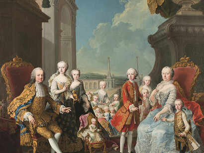 Martin van Meytens. Maria Teresa e Francesco I d’Austria con i figli a Schonbrunn, 1756 circa, olio su tela. Firenze, Gallerie degli Uffizi, Museo del Costume e della Moda