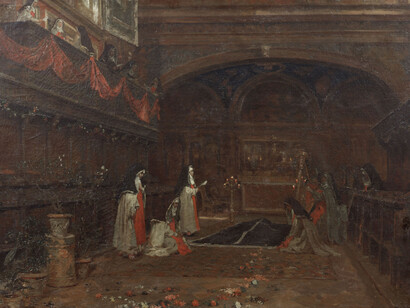 Leonardo Bazzaro , Vestizione di una monaca, olio su tela, 96 x 145 cm, Milano, Galleria d'Arte Moderna. Courtesy of Serrone della Villa Reale di Monza