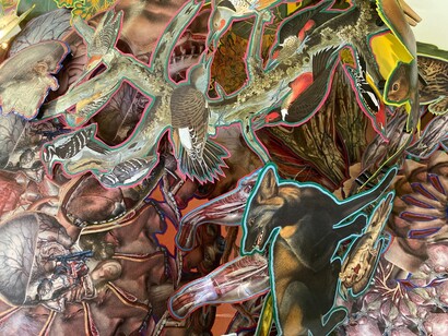 Patrick Turk, From the Anthropocosmos Series, 2020, hand-cut paper collage, acrylic