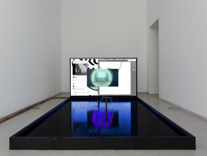 Florian Meisenberg, Being blonde with insufficient funds, 2014, copper tubes, steal strings, metal and plastic fiber, 70 inches television and water, Edition: N/A. Courtesy of Mendes Wood DM, São Paulo