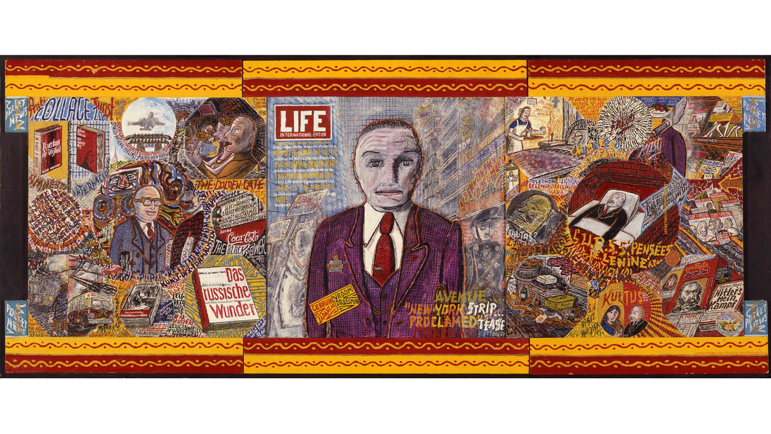 Willem van Genk, Untitled (New York Proclamed . . . N. Petrov), The Hague, Netherlands, c. 1973, Mixed media on assembled millboards, Unframed: 25 ½ x 63 1/8 inches (65 x 160,5 cm), Framed: 26 ½ x 64 ¼ x 1 inches (67,7 x 163,5 x 2,5 cm). Collection Foundation Willem van Genk, Museum Dr. Guislain, Ghent, 210302100. Photo: Guido Suykens, Ghent