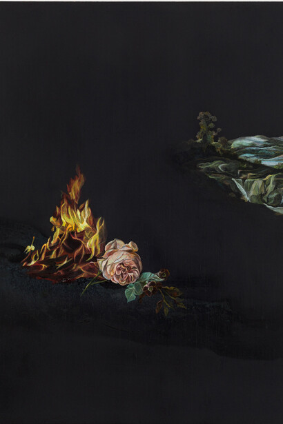 Emma Bennett, And the wind rose, 2015, oil on oak, 25 x 20 cm