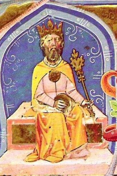 Attila sul trono, miniatura, 1360