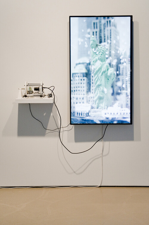 James Clar, Simulation of a Simulation (New York), 2015 camera, TV, snowglobe, motor, 3D printed parts, computer 50 x 50 x 9 inches