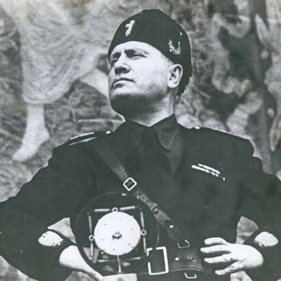 Benito Mussolini, the charismatic leader of Fascist Italy, in a moment of intense charisma and power, Mussolini is depicted with a confident and authoritative stance, exuding a sense of self-assuredness