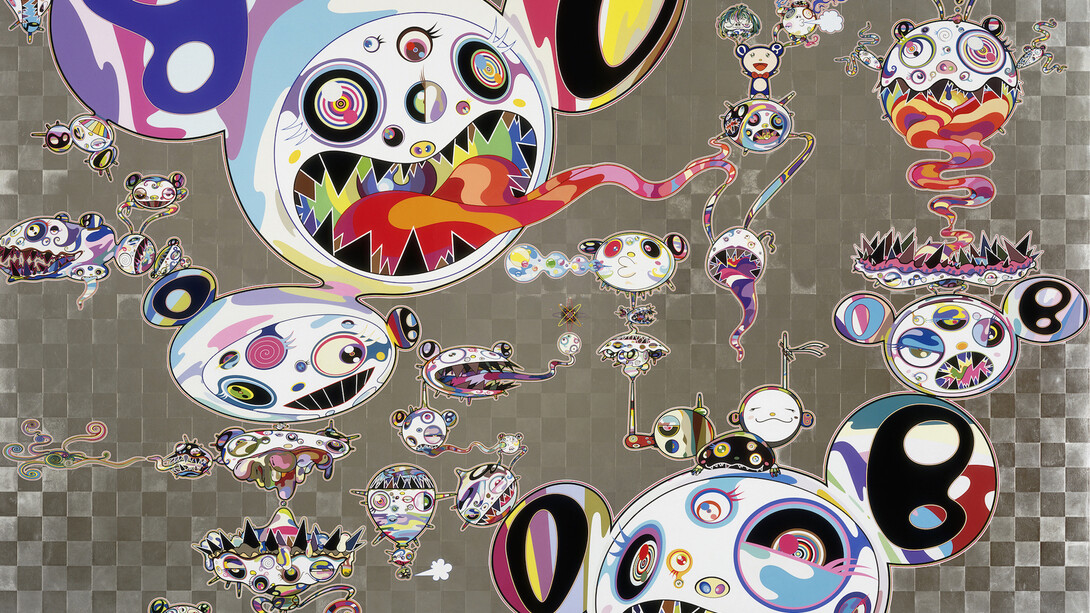 Takashi Murakami, "Hands Clapsed", 2015, Acrylic and platinum leaf on canvas mounted on aluminum frame, 180 x 240 cm © 2015 Takashi Murakami/Kaikai Kiki Co., Ltd. All Rights Reserved.