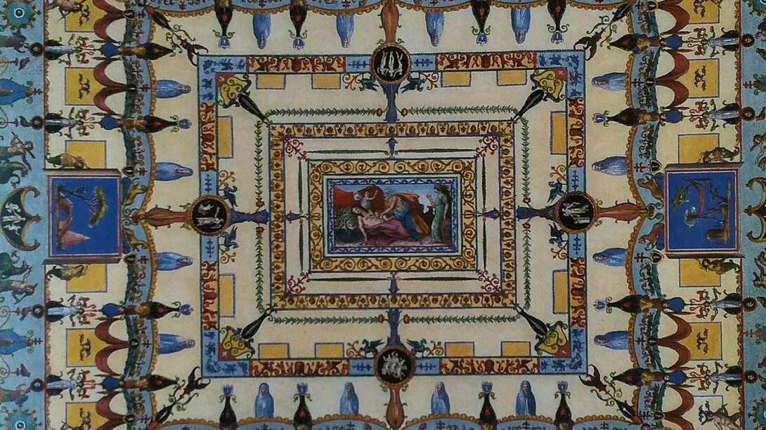 Marco Carloni incise, Vincenzo Brenna e Franciscus Smuglewicz disegnarono, Volta della camera delle Civette, acquaforte acquerellata, Anzio, Biblioteca Clementina