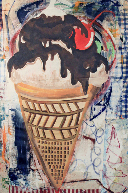 Leonard Johansson, Chocolate Soft cone, 2015. Collage Fabrics, Acrylic, Oil, 100 x 160 cm