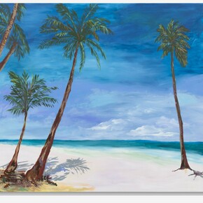 Karen Kilimnik,
sand, sea + palms, the beach, 2023,
Acrylic on canvas,
136.2 × 158.4 cm,
53 5/8 × 62 3/8 inches
© Karen Kilimnik.
Courtesy the artist, Sprüth Magers and Galerie Eva
Presenhuber.
Photo: Lance Brewer