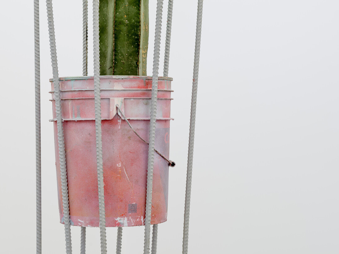 Adrien Missika, Superior Futuro (Cactus), 2015. Hormigón, acero, botes de pintura Comex, pintura, madera, sellador, plantas, suelo. 133.46 x 25.59 x 25.59 pulgadas