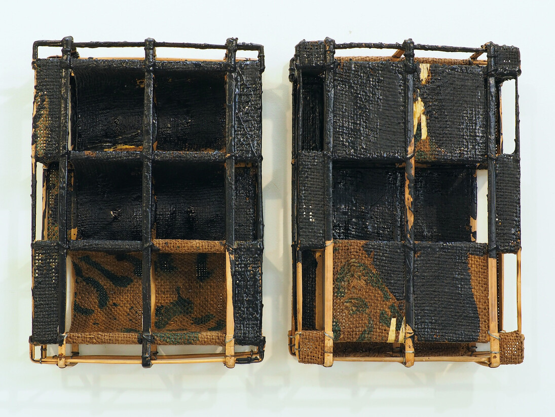 Sopheap Pich, Double Relief (black). Bamboo, rattan, wire, bees wax, damar resin, charcoal. Each 8.5 x 40.5 x 11cm, 2015. Courtesy of the artist and Tyler Rollins Fine Art