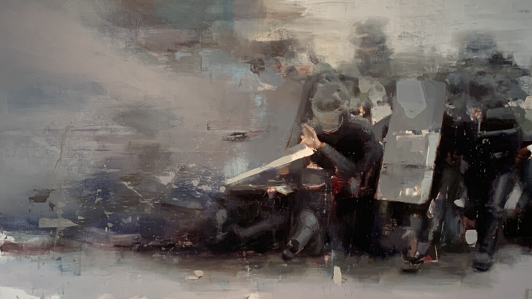 Jérôme Lagarrigue, Esthétique d'une mêlée, Huile sur toile, Oil on canvas, 96,5 x 152 cm, 38 x 59 in