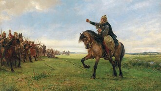 Gizur che sfida gli Unni, secondo il poema eroico antico norreno Hlöðskviða, dipinto di Peter Nicolai Arbo, 1886